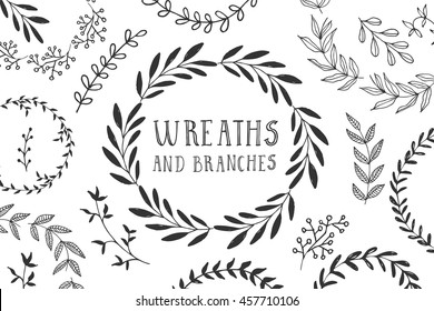 Wreaths and branches. Ink vector illustration.