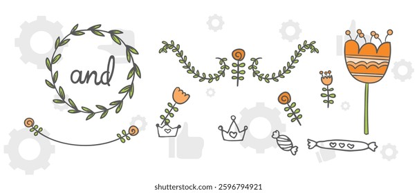 wreaths and branches with leaves. Hand drawing laurel wreaths and branches collection. Laurels wreaths, swirls, twigs and flower ornaments. Herbs, flowers and plants elements. Design elements.