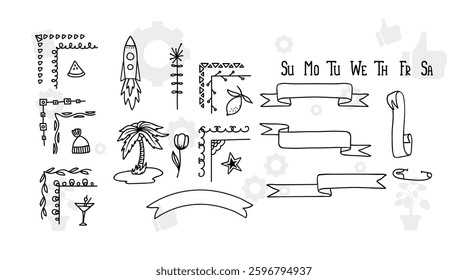 wreaths and branches with leaves. Hand drawing laurel wreaths and branches collection. Laurels wreaths, swirls, twigs and flower ornaments. Herbs, flowers and plants elements. Design elements.