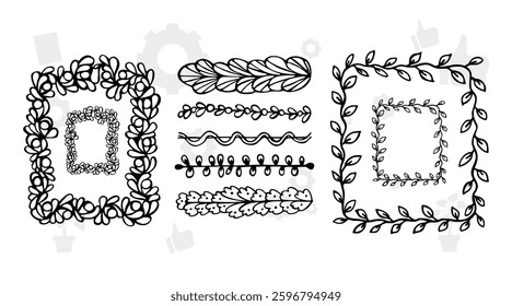 wreaths and branches with leaves. Hand drawing laurel wreaths and branches collection. Laurels wreaths, swirls, twigs and flower ornaments. Herbs, flowers and plants elements. Design elements.