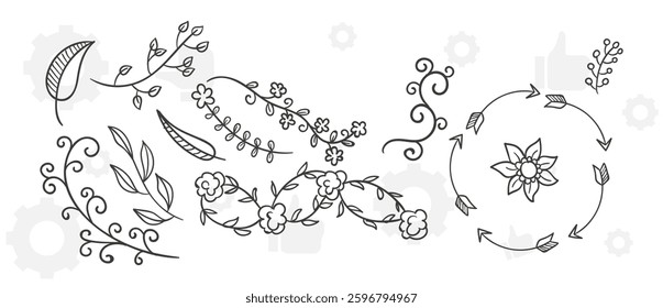 wreaths and branches with leaves. Hand drawing laurel wreaths and branches collection. Laurels wreaths, swirls, twigs and flower ornaments. Herbs, flowers and plants elements. Design elements.