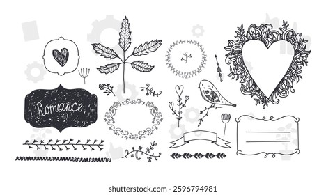 wreaths and branches with leaves. Hand drawing laurel wreaths and branches collection. Laurels wreaths, swirls, twigs and flower ornaments. Herbs, flowers and plants elements. Design elements.