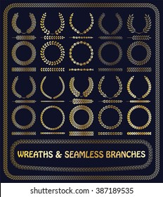 Wreaths, branches and seamless foliage patterns. Vector illustration.