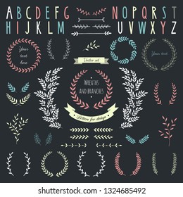 Wreaths and branches set. Laurels, borders and hand drawn alphabet. Vector.