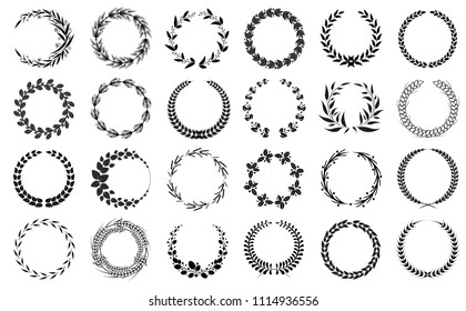 Wreaths collection black and white patterns set, isolated on bright backdrop vector illustration of varied shape and components crowns, floral design