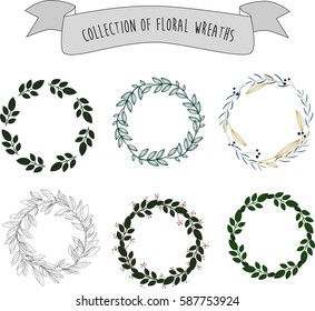 Wreaths collection. Stylish floral templates for your design. Nature background. Hand drawn Vector illustration.