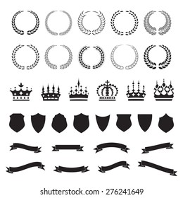 Wreaths, crowns, shields and ribbons, icon set, graphic design elements, black isolated on white background, vector illustration.