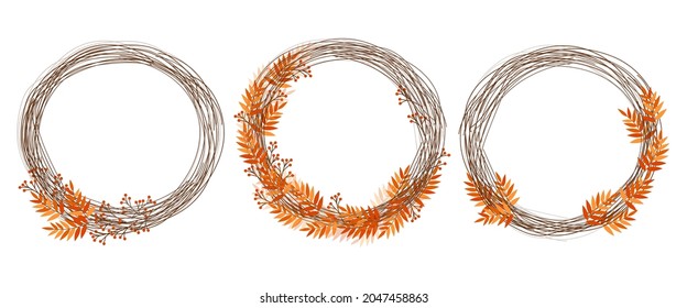 Wreaths for decor from branches and leaves of rowan berries set. Autumn decorations in a rustic style.