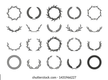 Wreaths of ears wheat. Design element for decoration of  award, coat of arms, logo, medal, label.  Black silhouette on white background. Vector illustration