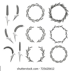 Wreaths and ears wheat. Design element for decoration of award, certificate, medal, coat of arms or anniversary logo.  Black silhouette on white background. Vector illustration