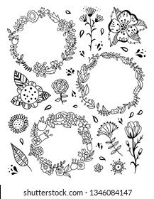 Wreaths and floral compositions vector set. Hand drawn flowers, leaves, blossoms and round frames graphics