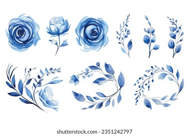 Wreaths, floral frames, watercolor flowers blue roses, Illustration hand painted. Isolated on white background. Perfectly for greeting card design