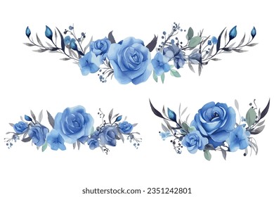 Wreaths, floral frames, watercolor flowers blue roses, Illustration hand painted. Isolated on white background. Perfectly for greeting card design