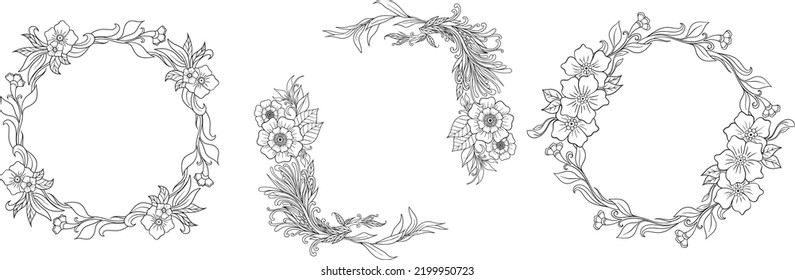 Wreaths Flower line art arrangements. Can use to print on greeting card, frame, shopping bags, wall art, telephone case, wedding invitation, stickers, decorations, and t-shirts