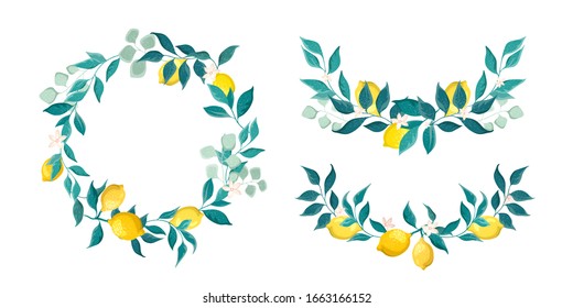 Wreaths and frames from lemons and leaves with flowers isolated on a white background. Postcard clipart, decorative botanical set.