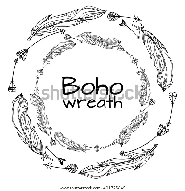 Wreaths of hand drawn feathers with boho\
pattern and doodle arrows. Tribal doodle elements. Vector element\
for your creativity.