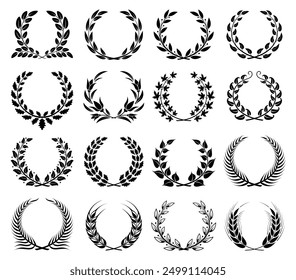 Wreaths icon set. Round laurel leaves, wheat, olive and oak wreaths. Logo of victory, achievement, award, coat of arms, heraldry. Isolated black silhouette on white background. Vector