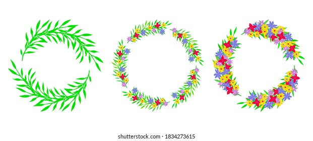 Wreaths isolated on white background. Set of bright wreaths with summer flowers. Design element for decoration, social media content, template for greeting card, banners, logo, etc.