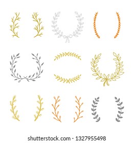 Wreaths and laurels vector illustrations on white background. Hand drawn design graphics with botanical elements