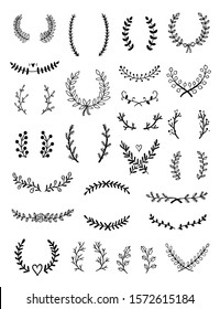 Wreaths and natural botanical frames vector hand drawn set. Vintage collection with laurels, dividers and decoration graphics
