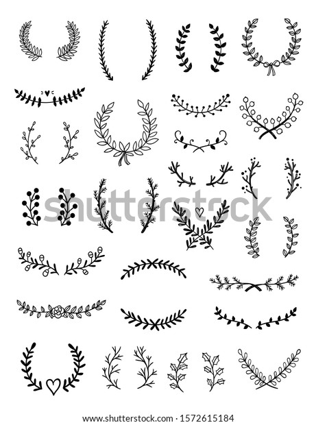 Wreaths and natural botanical frames vector hand
drawn set. Vintage collection with laurels, dividers and decoration
graphics