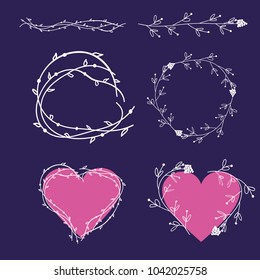 Wreaths of plant elements of round shape and heart shape.