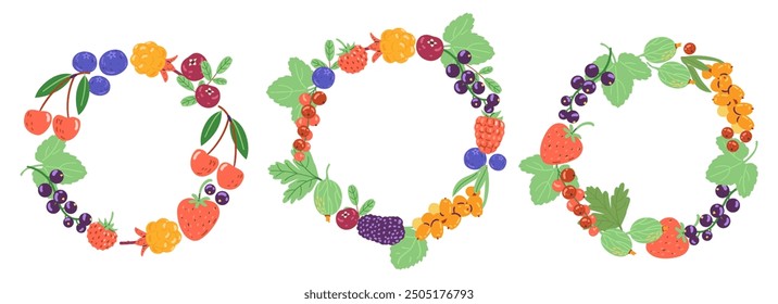 Conjunto de coronas de Ilustraciones vectoriales de bayas maduras. Fronteras redondas de bayas y hojas.