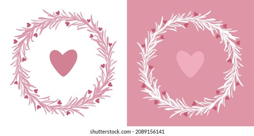 Wreaths of rosemary branches with hearts. Two vector silhouettes pink and white isolated on the background. For the decor of wedding events, Valentine's Day, Birthday.