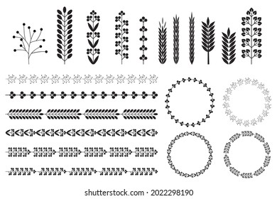 Wreaths spikelets set pattern for decorative design. Ear icon. Floral branch. Wedding decoration. Vector illustration. Stock image.