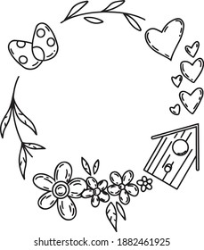 Kränze für den Valentinstag aus Pflanzenelementen und Herzen im Stil von Doodle