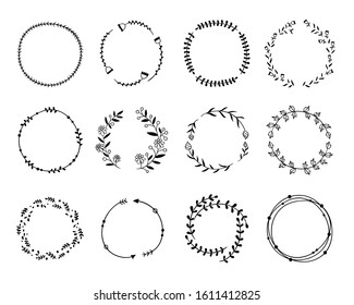 Wreaths vector collection on white background. Botanical circle frames with flowers, leaves and plants