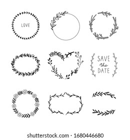 Wreaths vector set. Beautiful black outline floral frames with lettering isolated on white background