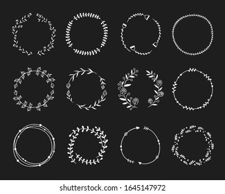 Wreaths vector set on blackboard. Beautiful botanical frames, laurels, plants and flowers decorative elements