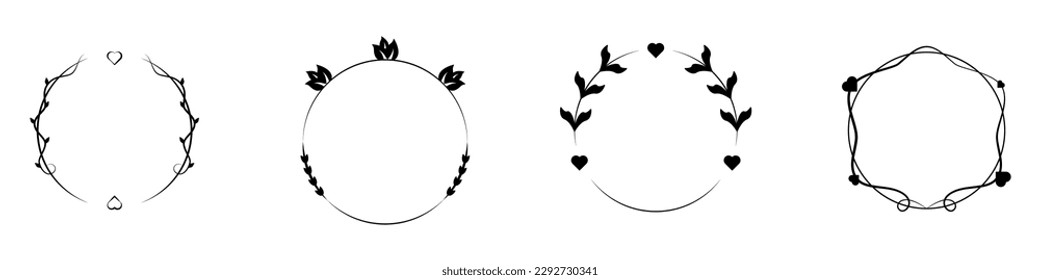Wreaths vector set. Set of stylish wedding wreaths of leaves and flowers vector. Invitation card vector. Backgrounds of frames with leaves linear vector. Floral wreath style.