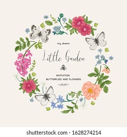 Wreath-shaped wedding invitation with spring flowers and butterflies. Little garden. Rosehip, meadow geranium, forget-me-not, hyacinth. Colorful.