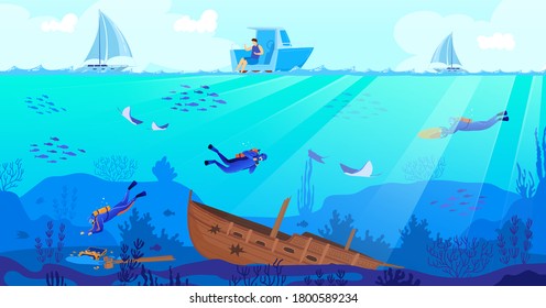Wreck diving vector illustration. Cartoon flat scuba diver characters exploring sea depth with fishes, sunken ship, underwater shipwreck exploration by people looking for pirate treasures background