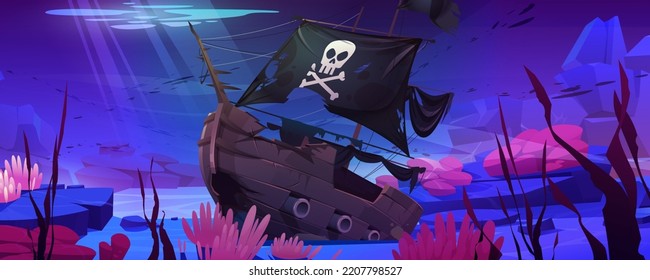 Barco pirata nauseabundo, barco filibusterismo hundido, barco de madera con bandera violenta sobre fondo de arena oceánica con vigas de sol cayendo desde arriba, fondo de juego mundial submarino pc. Ilustración vectorial de dibujos animados