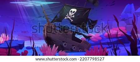 Wreck pirate ship, sunken filibuster vessel, wooden boat with jolly roger flag on ocean sandy bottom with sun beams falling from above, underwater world pc game background. Cartoon vector illustration ストックフォト © 