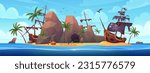 Wreck of pirate ships on desert island vector illustration. Cartoon island tropical landscape with sand beach and sea waves, open treasure chest, old broken wooden pirate boats with torn black sails