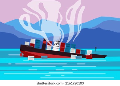 Wreck of the ship of cargo in ocean, vessel going under water and goods containers. Marine transport crash, cartoon