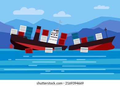 Wreck of the ship of cargo in ocean, vessel going under water and goods containers. Marine transport crash, cartoon