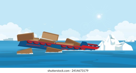 Wreck of the ship of cargo in ocean, vessel going under water and goods containers.Damaged ship. Crash or accident in sea. Marine catastrophe. Marine transport crash, vector illustration.