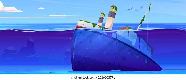 Wreck ship, sunken steamboat with pipes on bottom