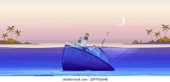 Wreck ship, sunken steamboat with pipes lying on ocean sandy bottom, broken vessel covered with green seaweeds stick up above water surface near tropical island with palms, Cartoon vector illustration