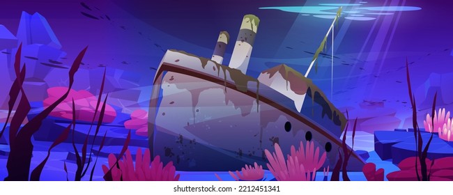 Barco naufragado, barco de vapor hundido con tuberías sobre el fondo del océano con corales y rocas de colores. Buque antiguo roto cubierto de algas verdes. Escena naval, fondo del juego Ilustración vectorial de dibujos animados