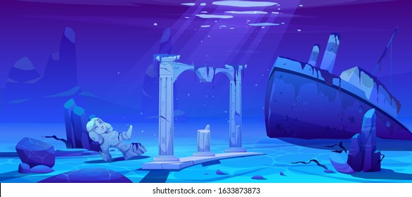 Wreck ship, sunken steamboat vessel with pipes on ocean sandy bottom near ancient old architecture columns and broken female statue, underwater world, pc game background. Cartoon vector illustration