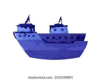 Wreck ship, sunken steamboat vessel. Cartoon rusty damaged and abandoned marine liner, lost water transport. Vector flat illustration isolated on white background.