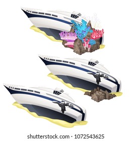 The wreckage of destroyed boats overgrown with corals isolated on a white background. Vector cartoon close-up illustration.