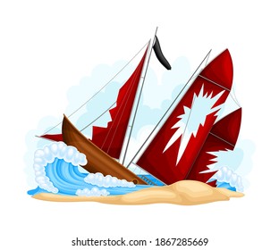 Wreckage Of Pirate Ship Or Vessel With Ripped Red Sail Vector Illustration