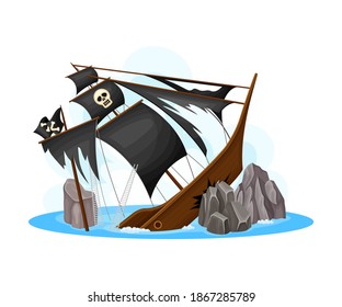 Wreckage of Pirate Ship or Vessel with Ripped Black Sail Vector Illustration